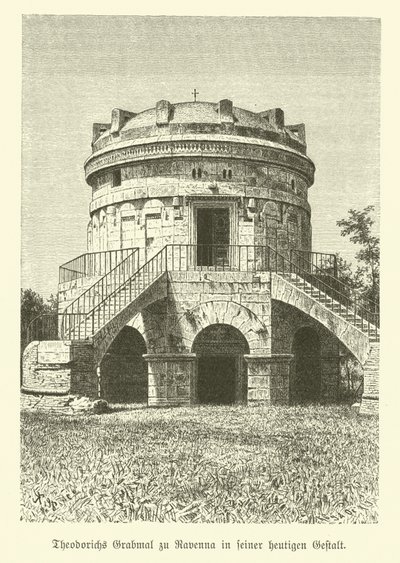 Theoderik den Stores mausoleum, østgoternes konge, Ravenna, Italien (gravering) af German School