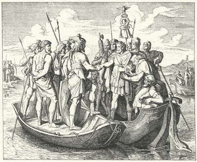 Møde mellem den romerske kejser Valens og den vestgotiske kong Athanaric ved Donau, 369 (gravering) af German School
