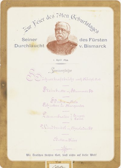 Menu ved prins von Bismarcks 79-års fødselsdag den 1. april 1894 af German School