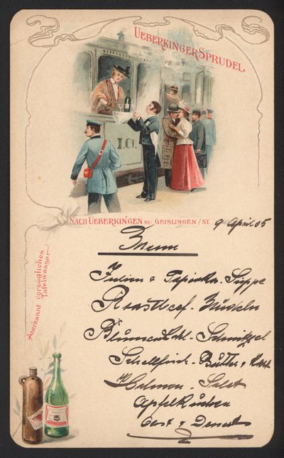 Menukort reklame Ueberkinger mousserende mineralvand (farve litho) af German School