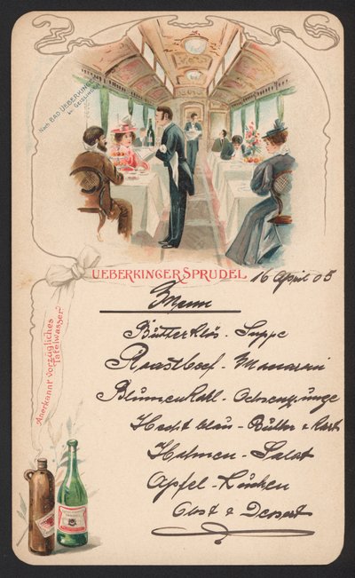 Menukort reklame Ueberkinger mousserende mineralvand (farve litho) af German School