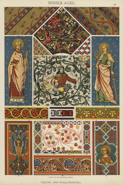 Middelalder, loft og vægmaling (farve litho) af German School