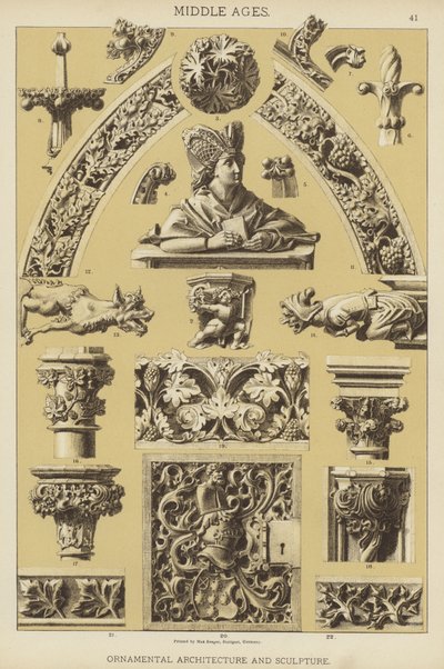 Middelalder, ornamental arkitektur og skulptur (farve litho) af German School