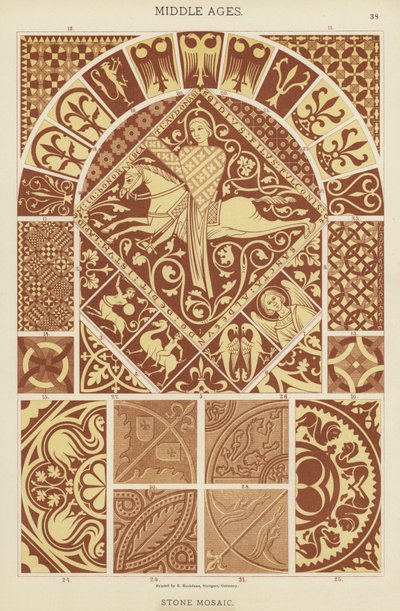 Middelalder, stenmosaik (farve litho) af German School