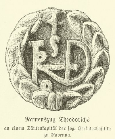 Monogram af Theoderik den Store, østgoternes konge (gravering) af German School