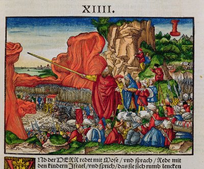 Moses krydser Det Røde Hav, fra Lutherbibelen, ca. 1530 (farvet træsnit) af German School