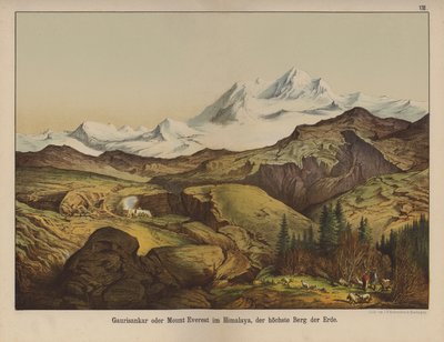 Mount Everest, det højeste bjerg på jorden (farve litho) af German School