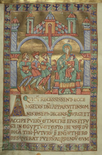 Fru Czart. 1207, IV, fol.V v. Adoration of the Magi, fra The Evangeliarium of Plock Cathedral, c.1075 af German School