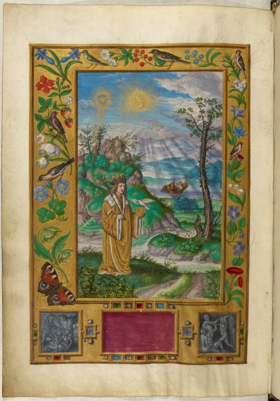 Ms Harley 3469, f.16v Kronet figur med scepter og kugle, tredje lignelse, fra 