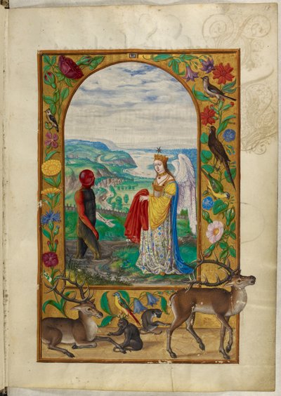Ms Harley 3469, f.18 Dronning tilbyder manden kappe i poolen, den fjerde lignelse, fra 