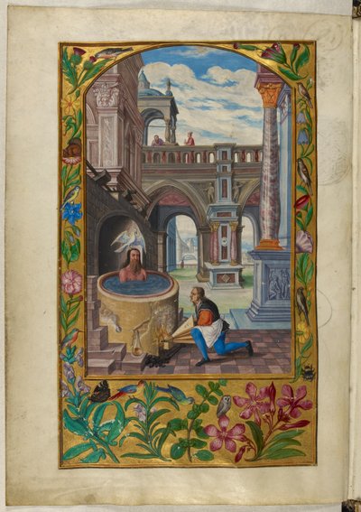 Ms Harley 3469, f.21v Mand bader i en gårdhave, den syvende lignelse, fra 