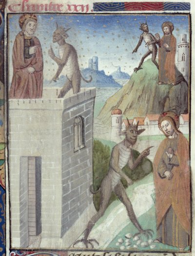 Ms Hunter 36 f.110r The Three Scenes of the Temptation, fra Vita Christi, af Ludolf af Sachsen, ca. 1300-7778 af German School