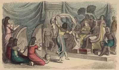Musikere og dansere, der optræder foran faraoen i det gamle Egypten (farvegravering) af German School