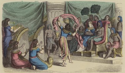 Musikere og dansere, der optræder foran faraoen i det gamle Egypten (farvegravering) af German School