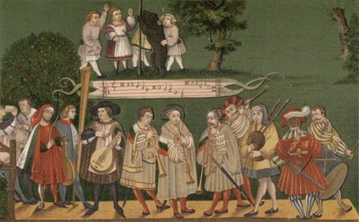 Musikere fra Augsburg, Tyskland, der spiller for dansere fra Geschlechtertanz, 1520 af German School