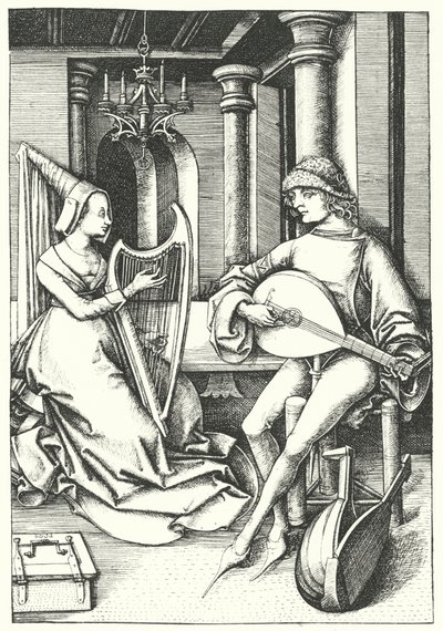 Musikere, der spiller på lut og harpe i et landsted i det 15. århundrede (gravering) af German School