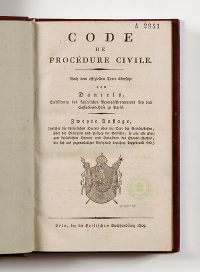 Napoleonsk retsplejelov for de franske departementer af Rhinens venstre bred, åben på titelbladet, Köln, 1809 (trykt papir) af German School