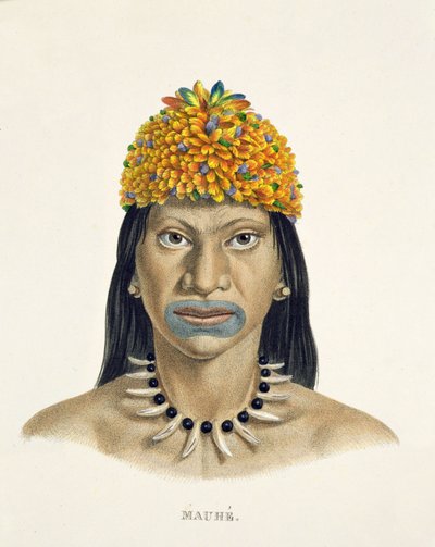 Indfødt mand af Mauhe-stammen, med hovedbeklædning af små blå og orange fjer, fra Atlas of a Journey in Brazil af Johann Baptist von Spix (1781-1826) og Karl Friedrich Philipp Martius (1794-1868) af German School