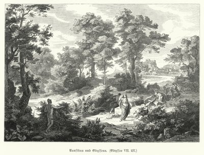 Nausicaa og Odysseus, scene fra Homers Odysseen (gravering) af German School