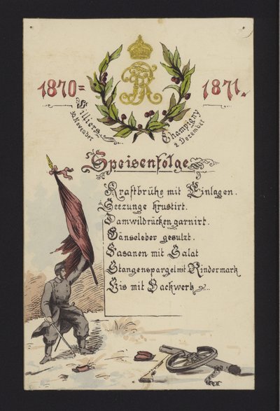 Nytårsbanketter afholdt af de besatte tyskere i Villiers og Champigny, Paris, 30. december 1870 og 2. januar 1871 (farve litho) af German School