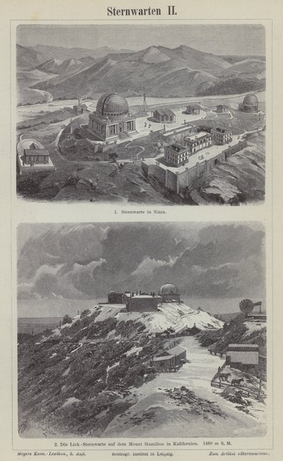 Nice Observatory, Frankrig, og Lick Observatory, Mount Hamilton, Californien, USA (gravering) af German School
