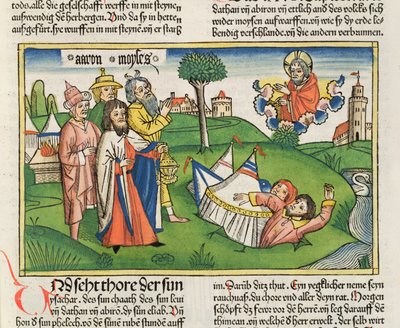 Nummer 16 32 Jorden sluger oprørerne Dathan og Abiram, fra Nürnbergbibelen (Biblia Sacra Germanaica) (farvet træsnit) af German School