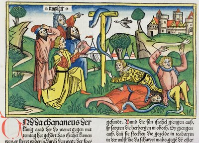 Nummer 21 4-9 Giftige slanger bider oprørske israelitter, fra Nürnbergbibelen (Biblia Sacra Germanaica) (farvet træsnit) af German School