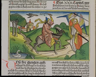 Nummer 22 20-35 Bileams talende røv, fra Nürnbergbibelen (Biblia Sacra Germanaica) (farvet træsnit) af German School