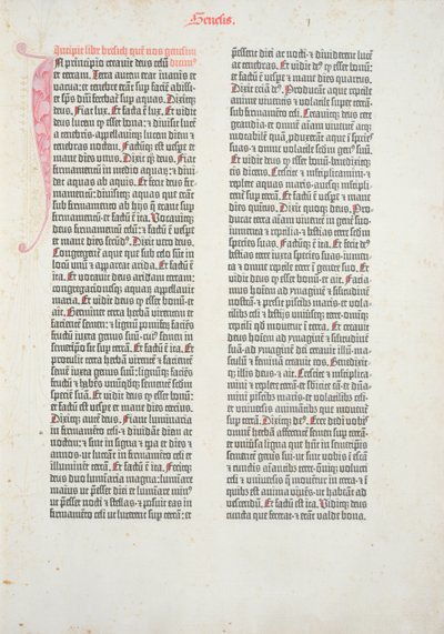 Åbningsside i 1. Mosebog fra Gutenberg-bibelen, trykt af Johannes Gutenberg (ca. 1400-68) og Peter Schoeffer (1425-1502) i Mainz, 1454-56 (trykt papir) af German School