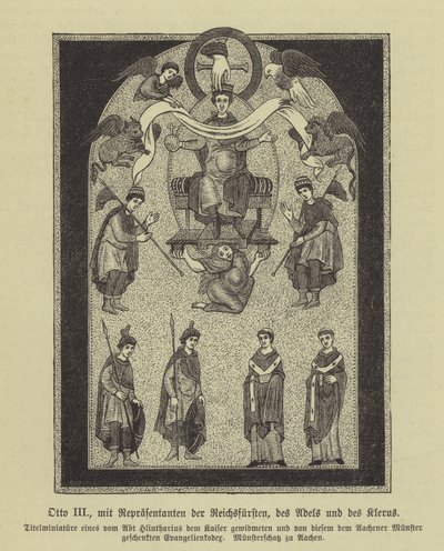 Otto III, Holy Roman Emperor, med repræsentanter for fyrsterne, adelen og præsten (gravering) af German School