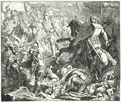 Otto I af Tyskland besejrede magyarerne i slaget ved Lechfeld, 955 (gravering) af German School