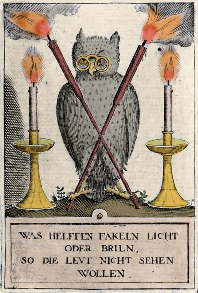 Ugle med briller, symbol på visdom. Indgravering af "Amphitheatrum sapientiae aeternae". (Amfiteater for evig visdom) (Hamburg: n.n. af German School