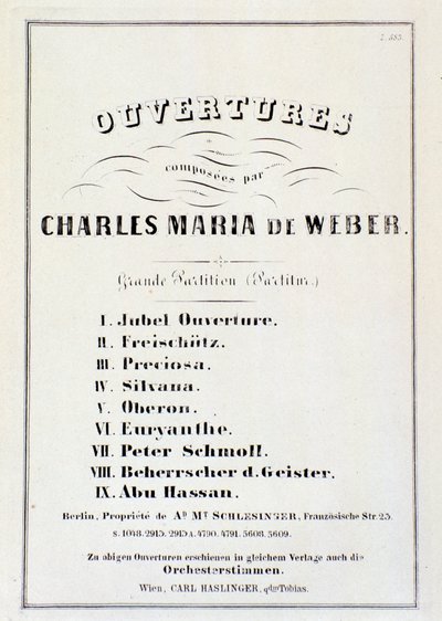 Side med præsentation af ouverturer fra forskellige operaer af Carl Maria von Weber (litho) af German School