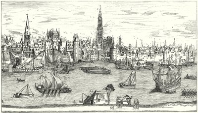 Panorama over Antwerpen i begyndelsen af det 16. århundrede (gravering) af German School