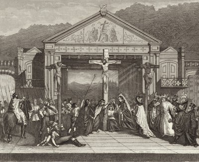 Passionsspil i Oberammergau, Bayern, Tyskland. Illustration til Bilder-Atlas (gravering) af German School