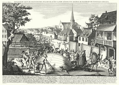 Bønder angriber ballonen af Jacques Charles og Robert Brothers, efter at den var faldet ned ved Gonesse, 27. august 1783 (gravering) af German School