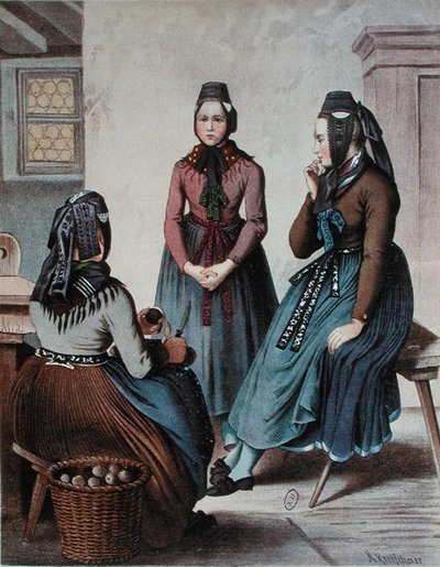 Skrælning af kartofler, midten af det 19. århundrede (farve litho) af German School