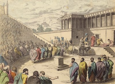 Opførelse af skuespillet Agamemnon i et teater i det antikke Grækenland (farvegravering) af German School