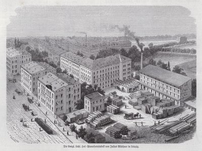 Julius Bluethners klaverfabrik, Leipzig, Tyskland (gravering) af German School