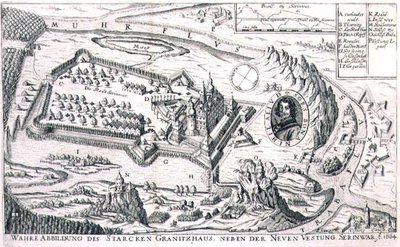 Plan over granithøjborgen nær New Serinwar i 1664, illustration fra en bog om de osmanniske felttog i Europa, indgraveret af Paul Furst (ca. 1605-66) (gravering) af German School