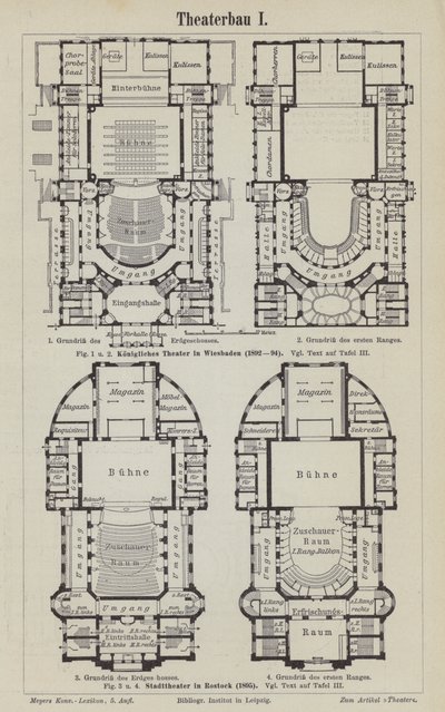 Tegninger af det kongelige teater, Wiesbaden og det kommunale teater, Rostock, Tyskland (gravering) af German School