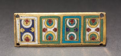 Plaque fra et relikvieskrin, ca. 1170 (forgyldt kobber, champlevé & cloisonné-emalje) af German School