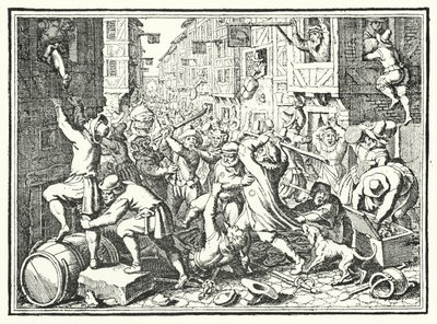 Plyndring af Judengasse, den jødiske ghetto i Frankfurt, i Fettmilch-oprøret, 1614 af German School