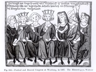 Poetisk og musikalsk kongres, Wartburg, 1207, illustration fra videnskab og litteratur i middelalderen og renæssancen, skrevet og indgraveret af Paul Lacroix, 1878 af German School