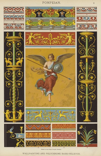 Pompeiansk, vægmaleri og polykrom Basso-Relievo (farve litho) af German School
