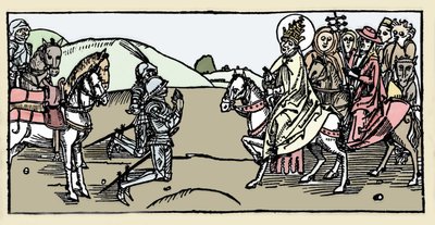 Pave Leon I møder Attila og Arrete - Barbarinvasioner - Indgravering fra "Leben der Heiligen - sommerteil" (Den helliges Bog) af Jacobus (James) af Voragine (1228-1298). Lübeck 1488. af German School