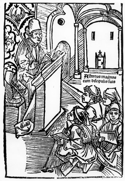 Portræt af Albertus Magnus med nogle af hans elever, illustration til titelbladet til Epitomata, reparationer eller hele Aristoteles