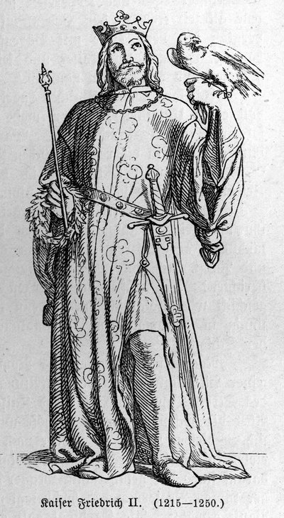 Portræt af Frederik II af Hohenstaufen (1194-1250), konge af Det Hellige Romerske Rige. Indgravering i "" Kaiser, Konig und Papft"" af Richard Roth af German School