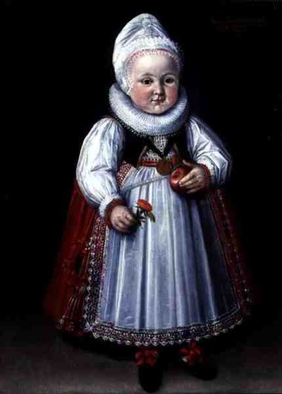 Portræt af et ungt barn, der holder et æble og en blomst (olie på lærred) af German School