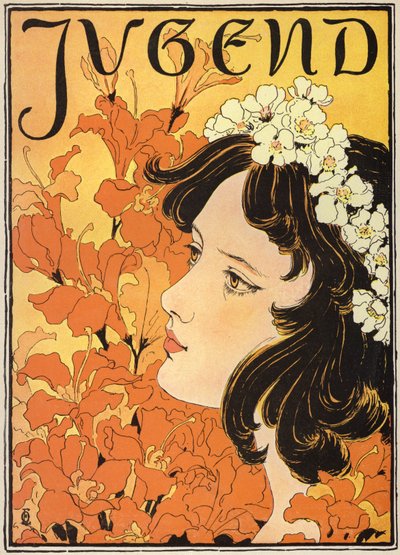 Portræt af en pige med blomster i håret (farve litho) af German School